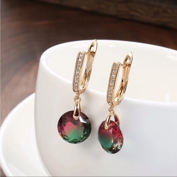 Rose Gold Plated Rainbow Zircon Drop Dangle Earrings - Picture 5 of 6